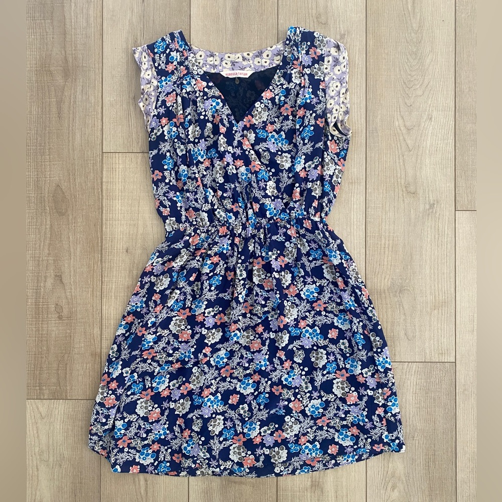 Rebecca Taylor Womens Silk Floral V Neck Short Fit And Flare Dress
